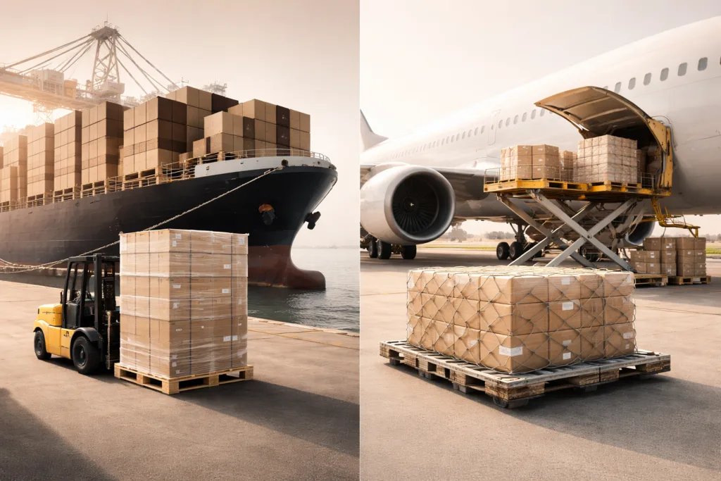 Real Cost Breakdown: Private Label Candle (2026) 4 split scene showing cargo ship with palletized candle boxes vs airplane cargo loading visual comparison of sea freight and air freight logistics clean minimal style