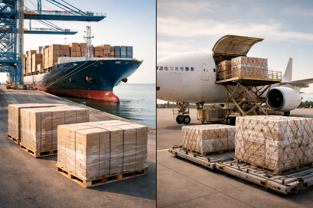 Candle Manufacturer vs Candle Supplier: What’s the Real Difference for Your Brand? 5 candle shipping logistics showing sea freight cargo ship and air freight cargo plane comparison