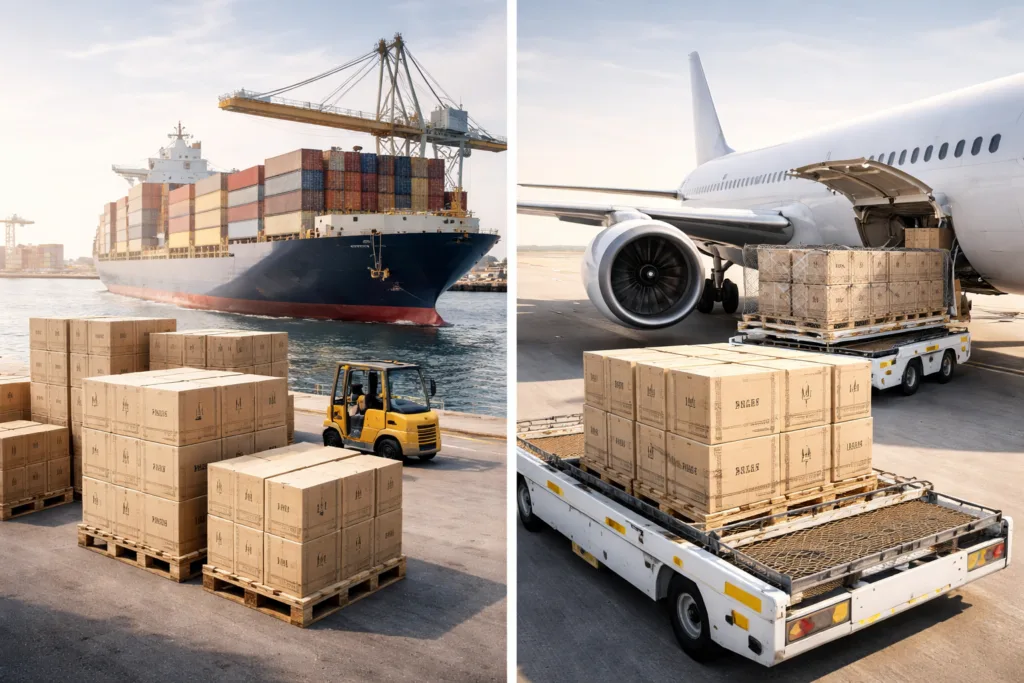 Common Mistakes in Candle Product Development (And How to Avoid Them) 5 comparison of sea shipping and air shipping for candle products showing cargo ship and airplane logistics