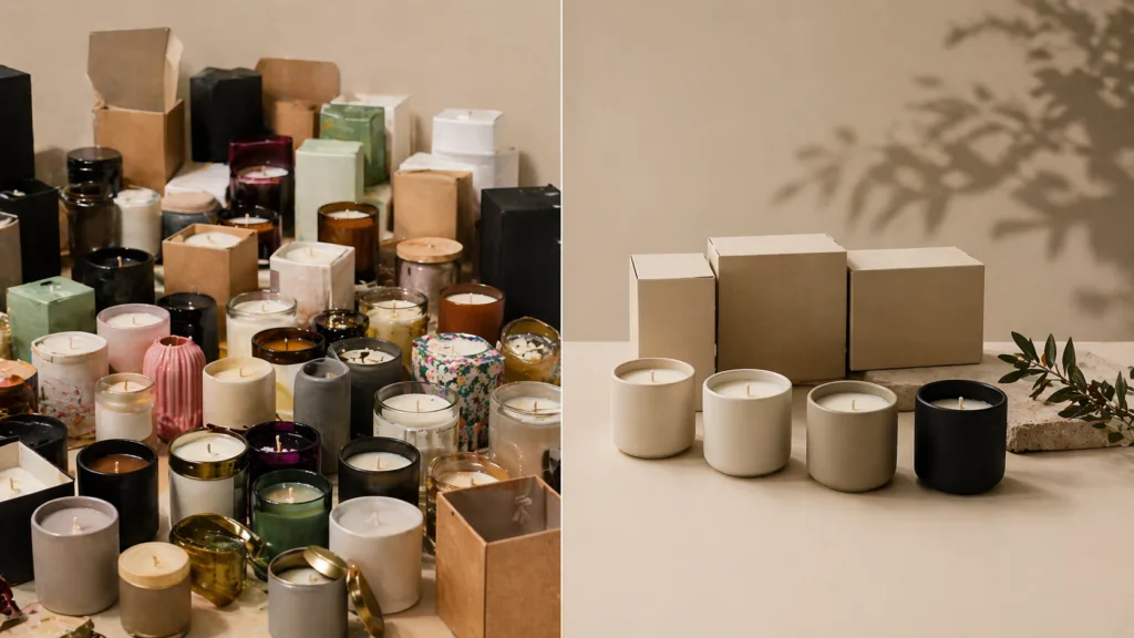 Candle MOQ Explained: Glass vs Ceramic vs Packaging 7 comparison of chaotic multiple candle SKUs versus simplified product line affecting MOQ