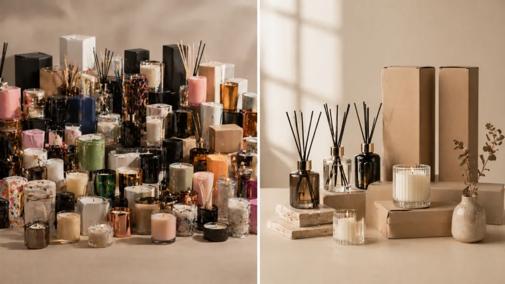 Candle + Diffuser Product Line Strategy: How to Build a Profitable Home Fragrance Range 4 comparison of complex candle SKU range versus simplified product line strategy
