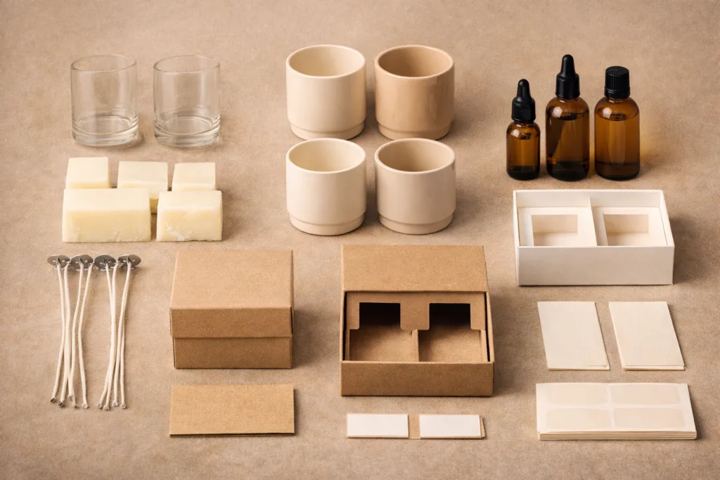 Candle Manufacturer vs Candle Supplier: What’s the Real Difference for Your Brand? 2 candle supply chain components including jars wax fragrance oils packaging and wicks arranged in structured layout