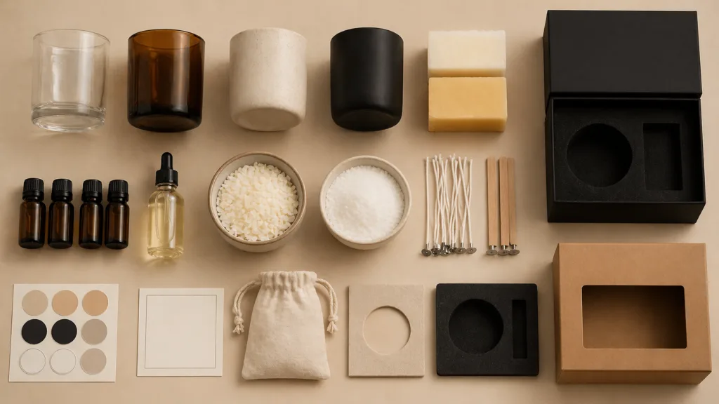 Candle MOQ Explained: Glass vs Ceramic vs Packaging 2 candle supply chain components including vessel wax fragrance and packaging in structured layout