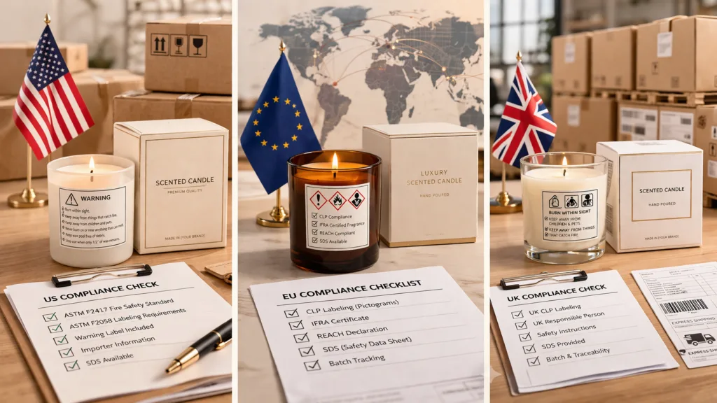 Top 15 Candle Compliance Checklist for US, EU & UK 5 candle products prepared for US EU and UK markets showing different compliance labeling and packaging