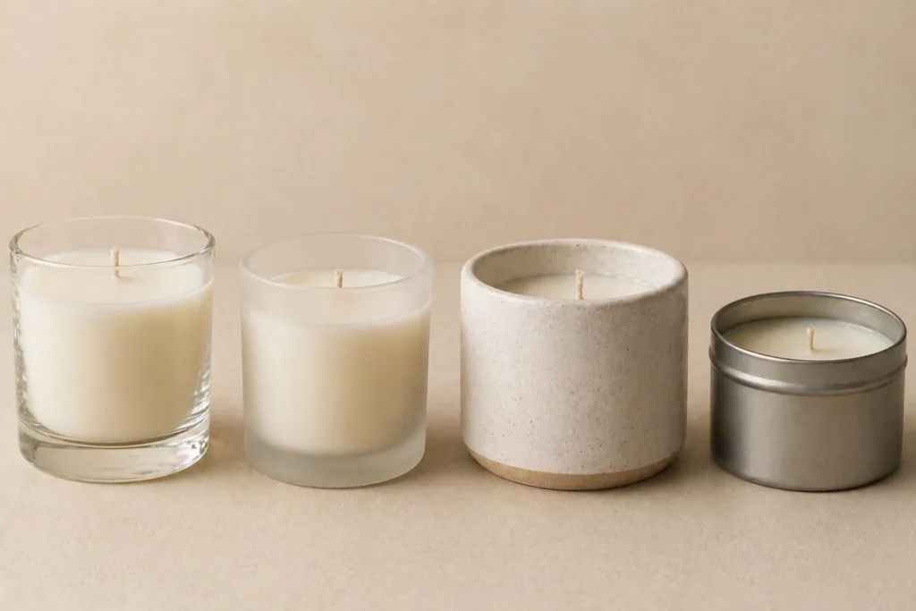 Best Candle Materials for Private Label (2026 Guide) 6 different candle vessel types comparison including glass ceramic and tin containers