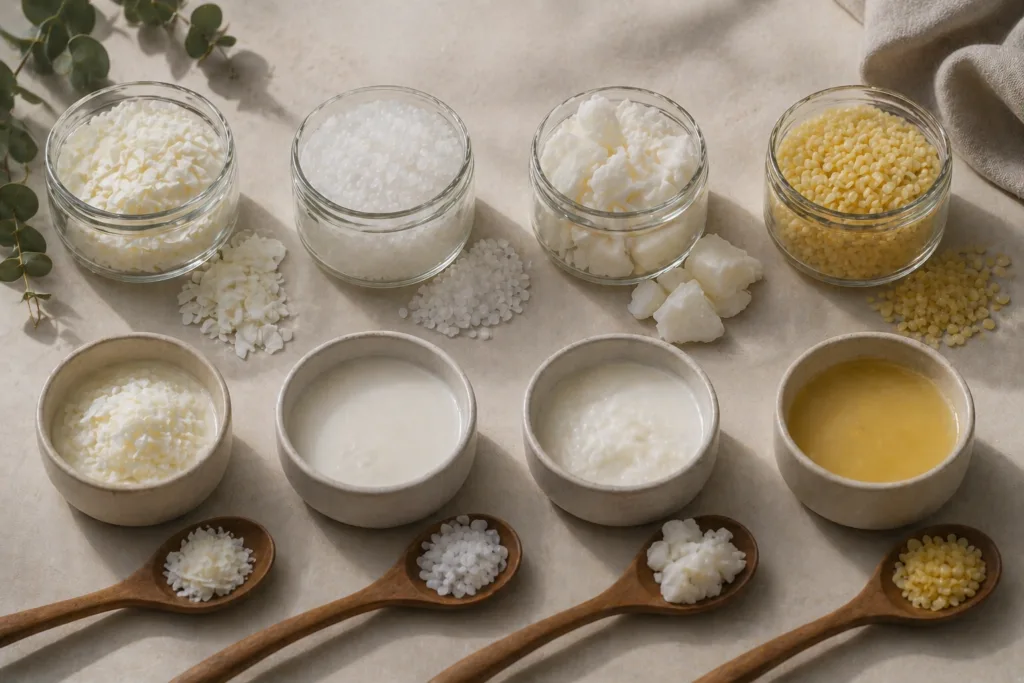 Best Candle Materials for Private Label (2026 Guide) 3 different candle wax types comparison including soy paraffin coconut and beeswax textures