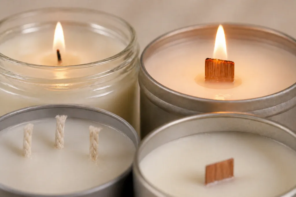 Best Candle Materials for Private Label (2026 Guide) 5 comparison of cotton and wooden candle wicks showing flame and structure differences