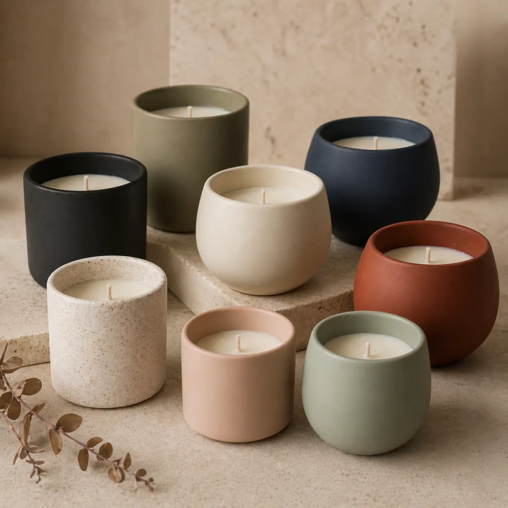 Candle MOQ Explained: Glass vs Ceramic vs Packaging 4 custom ceramic candle vessels in multiple colors illustrating higher MOQ production requirements