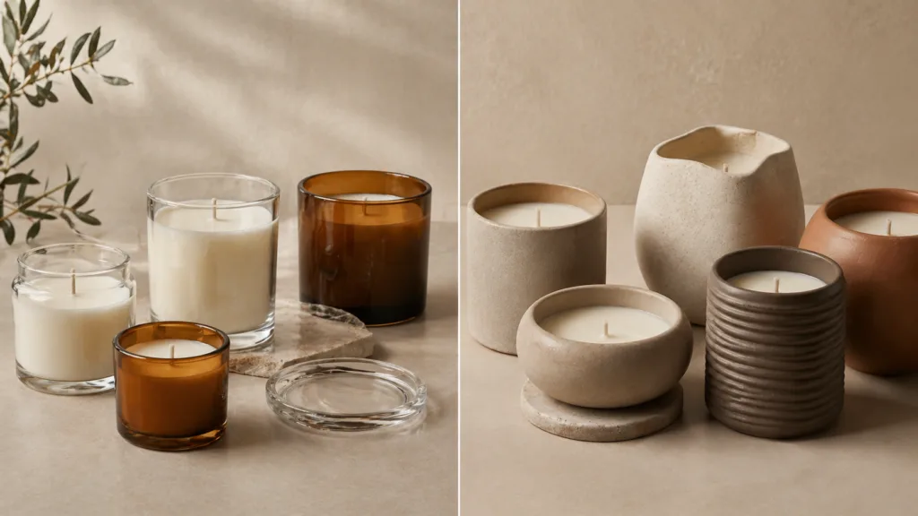 Candle Manufacturing Cost Per Unit: MOQ 100 vs 500 vs 1000 (Real Pricing Breakdown) 3 comparison between glass candle jars and ceramic candle vessels showing different styles finishes and perceived value