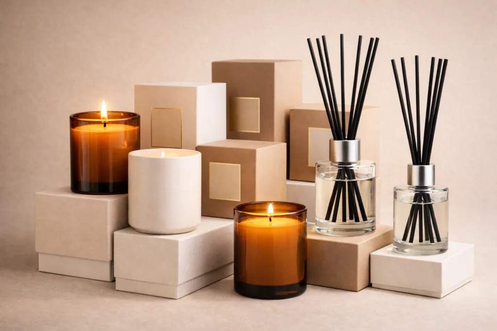 Candle vs Diffuser: Which One Is More Profitable for Boutique Brands? 4 luxury home fragrance display including scented candles and reed diffusers arranged together in cohesive packaging design boutique retail styling