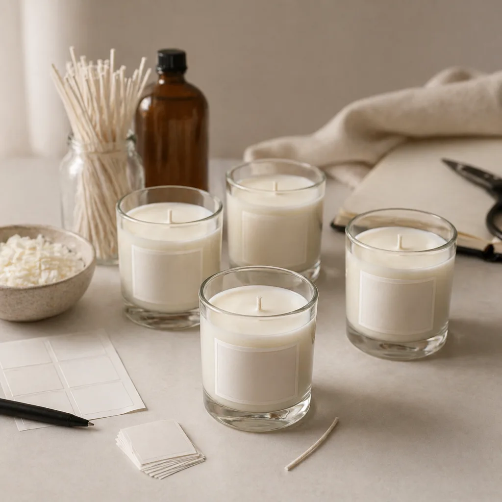 Candle Manufacturing Cost Per Unit: MOQ 100 vs 500 vs 1000 (Real Pricing Breakdown) 5 small batch candle production setup with simple glass jars and sticker labels representing MOQ 100 testing stage