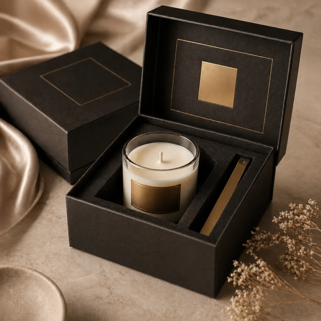 Candle Manufacturing Cost Per Unit: MOQ 100 vs 500 vs 1000 (Real Pricing Breakdown) 7 luxury candle gift set with rigid box insert and premium branding representing large scale production MOQ 1000