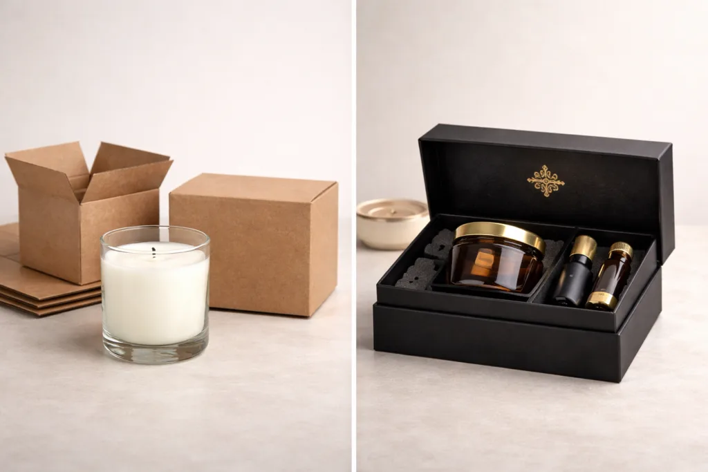 500 Sets Candle Gift Set Cost Breakdown: Real Supplier Pricing, MOQ & DDP Shipping Explained 3 comparison between folding carton and rigid gift box packaging for candles