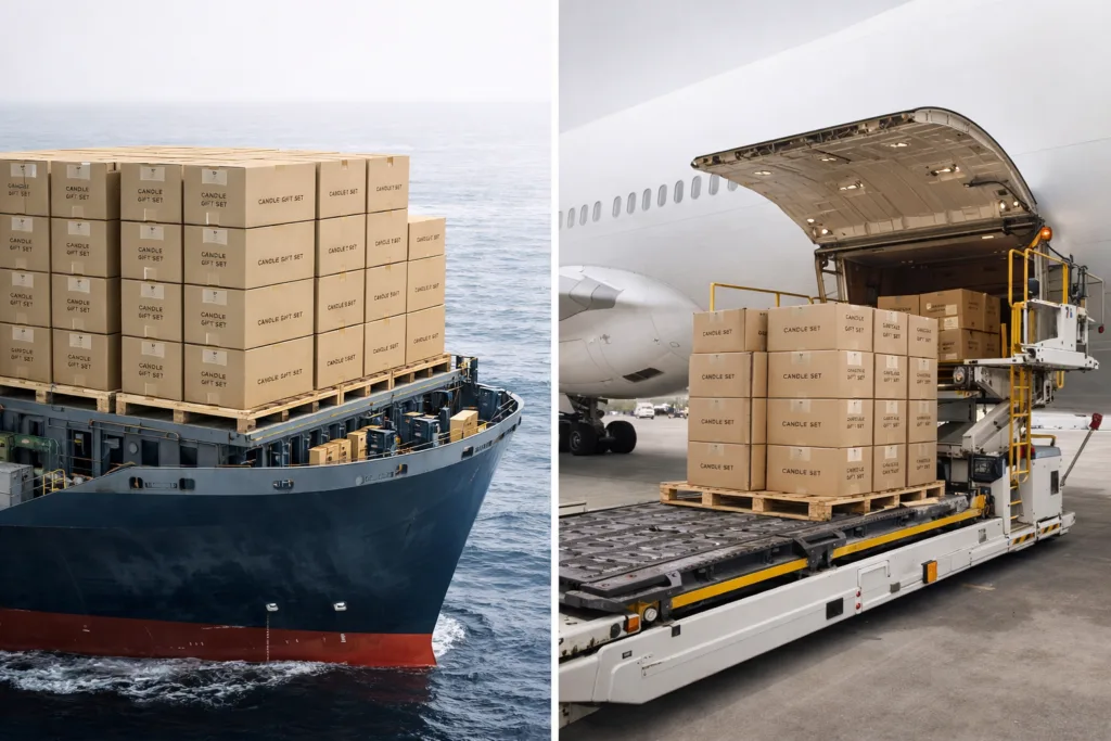 500 Sets Candle Gift Set Cost Breakdown: Real Supplier Pricing, MOQ & DDP Shipping Explained 4 comparison between sea freight and air freight for candle gift set shipping