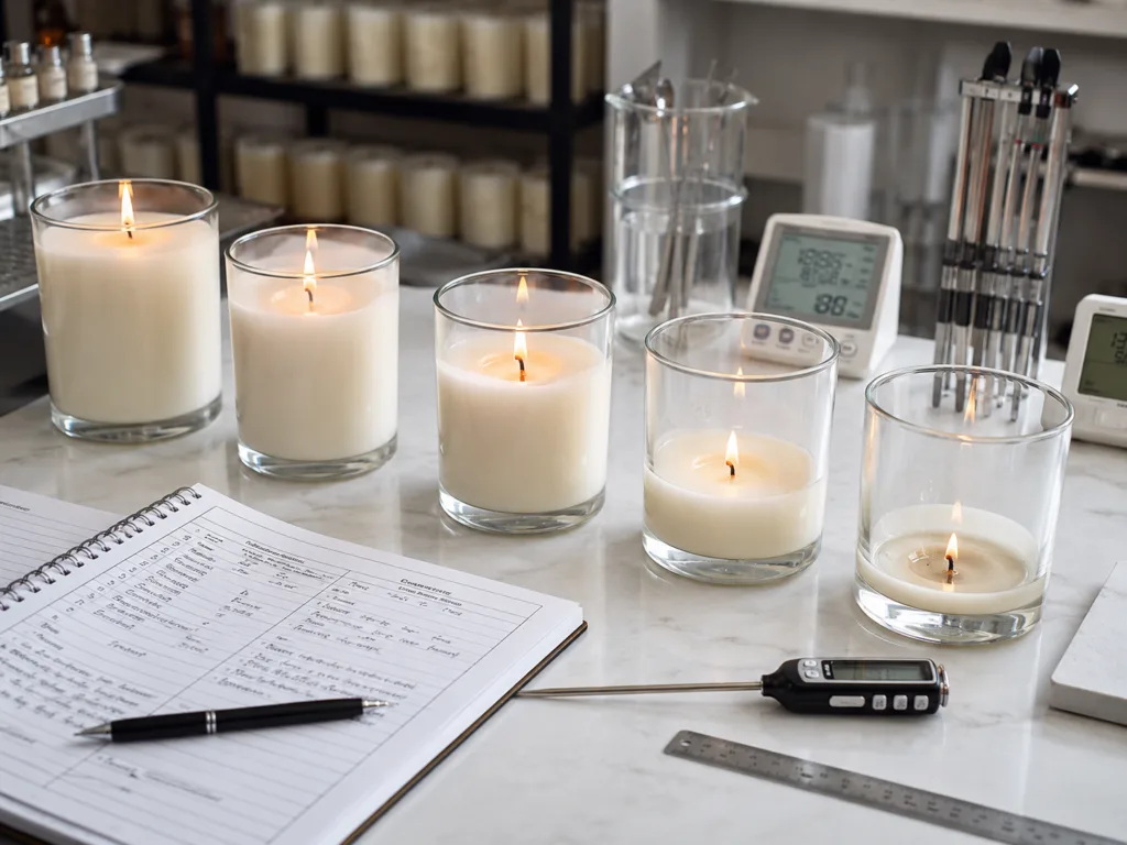Mastering Candle Burn Time: How Wick Configuration Impacts Longevity 5 Professional candle burn testing in a product development studio with multiple candles, melt pools, and quality control tools.