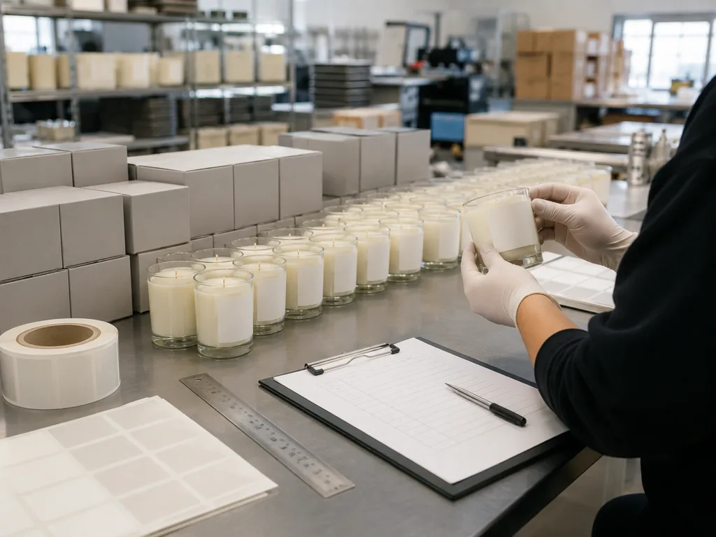 Branding by Design: The Impact of Custom Candle Label 6 Quality control scene for custom candle labels in bulk candle production showing label alignment, packaging and inspection process.