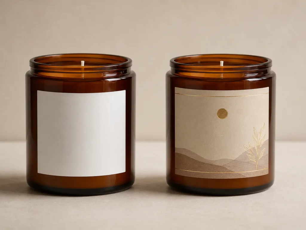 Branding by Design: The Impact of Custom Candle Label 4 Side by side comparison showing how custom candle labels change the perceived value of the same candle jar.