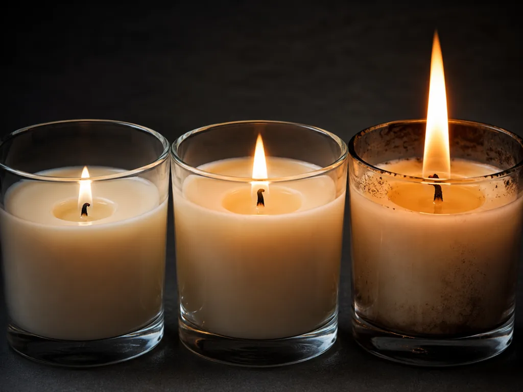 Mastering Candle Burn Time: How Wick Configuration Impacts Longevity 3 Close-up comparison of under-wicked, properly wicked, and over-wicked candles showing different flame and melt pool behavior.