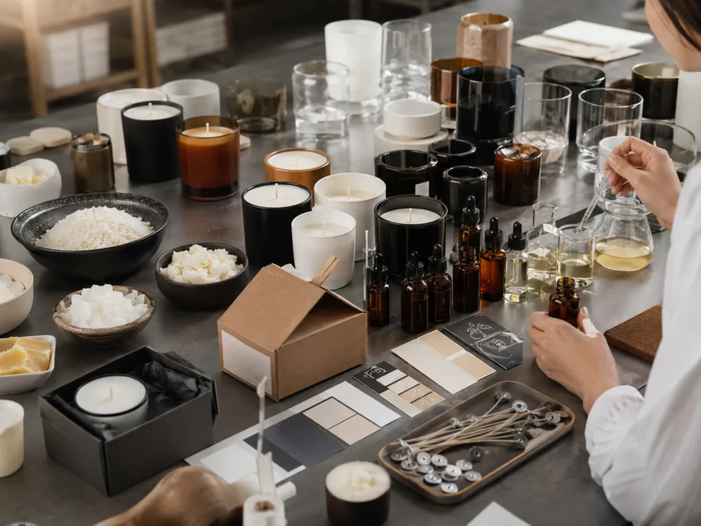 Low Temperature Candles for Massage & Wellness Brands: What B2B Buyers Should Know 3 Low temperature candle development workspace with wax, fragrance oils, candle vessels, wicks and private label packaging samples
