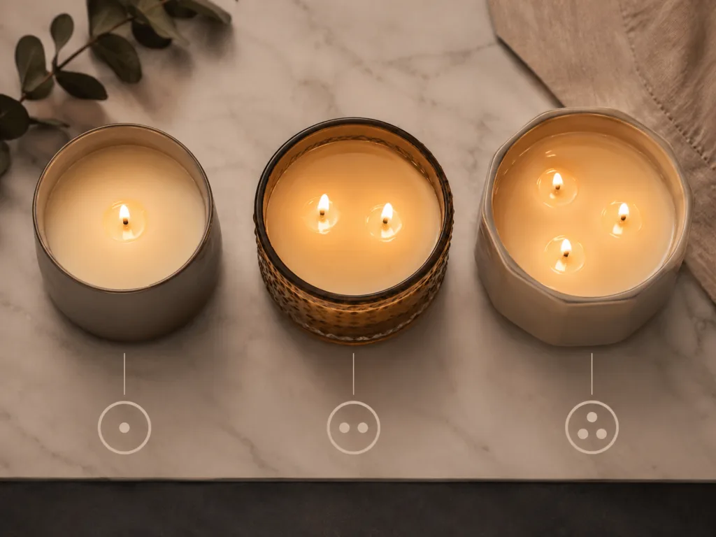 Mastering Candle Burn Time: How Wick Configuration Impacts Longevity 2 Top view comparison of single wick, double wick, and three-wick candles with visible flames and melt pools.