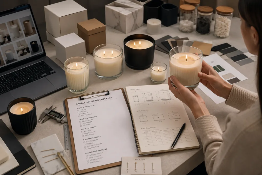 Mastering Candle Burn Time: How Wick Configuration Impacts Longevity 6 Private label candle sourcing desk with candle samples, packaging, and a buyer checklist for evaluating bulk orders.