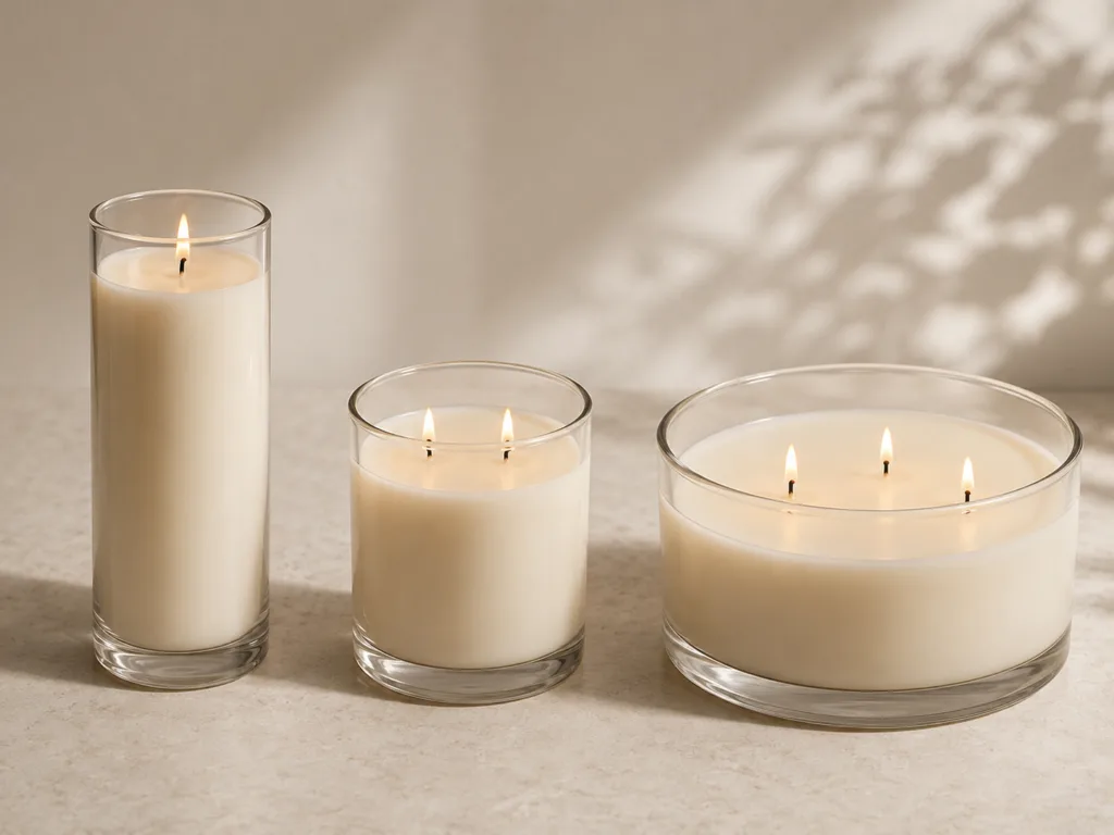 Mastering Candle Burn Time: How Wick Configuration Impacts Longevity 4 Candles in narrow, medium, and wide vessels showing how vessel diameter affects wick configuration choice.