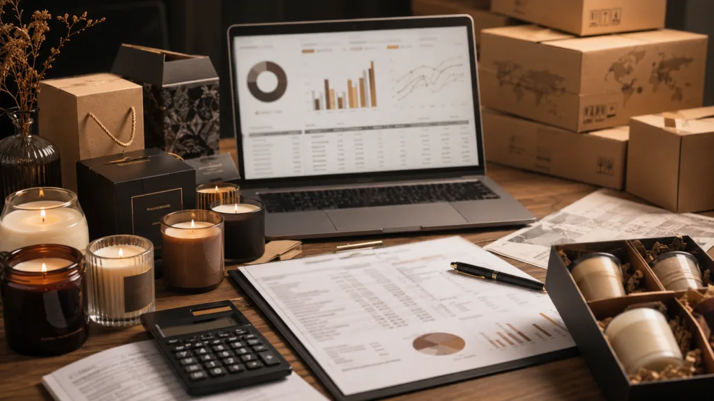 Candle Day from a Manufacturer’s Perspective: How Brands Prepare for Peak Season 6 Candle Day profit and discount strategy table with candles, calculator, packaging samples, freight documents, and margin planning sheets.