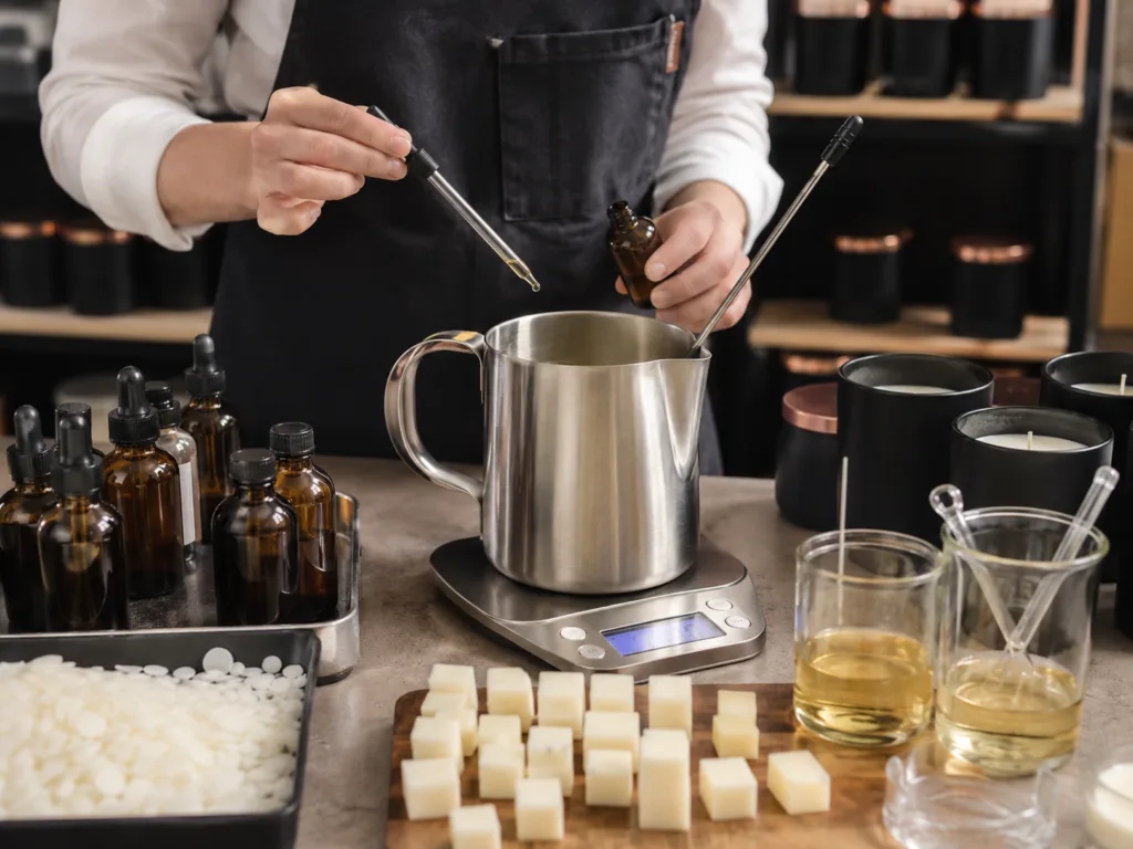 How Serious Candle Brands Choose Wax for Strong Scent Throw 4 Candle formulation testing with fragrance oil, melted wax, tools and sample jars in a professional workspace