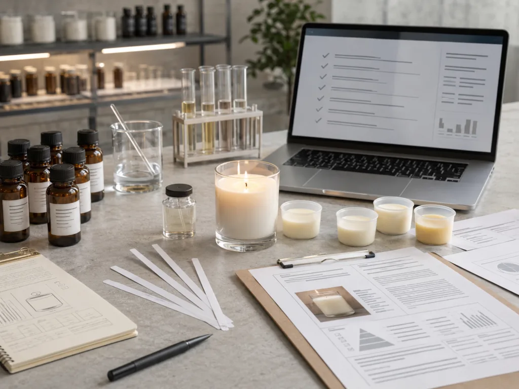 Sustainable Candles: A Complete Sourcing Guide for Eco-Conscious Brands 3 Candle fragrance development scene with blotter strips, amber bottles, test candles, and compliance documents for sustainable candle sourcing