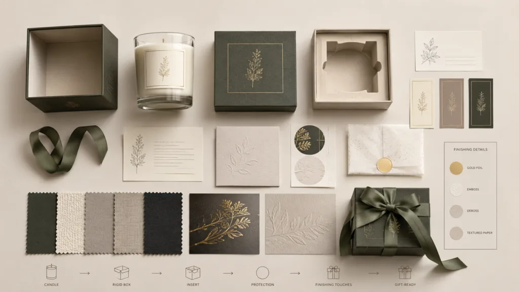 Designing the Perfect Candle Gift Set for Any Occasion 5 Flat lay of candle gift set packaging components including candle jar, rigid box, insert, label samples, and gift presentation materials
