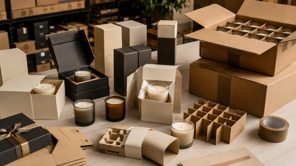 Candle Day from a Manufacturer’s Perspective: How Brands Prepare for Peak Season 5 Candle packaging and carton efficiency setup with gift boxes, protective inserts, export cartons, and wholesale shipment materials.