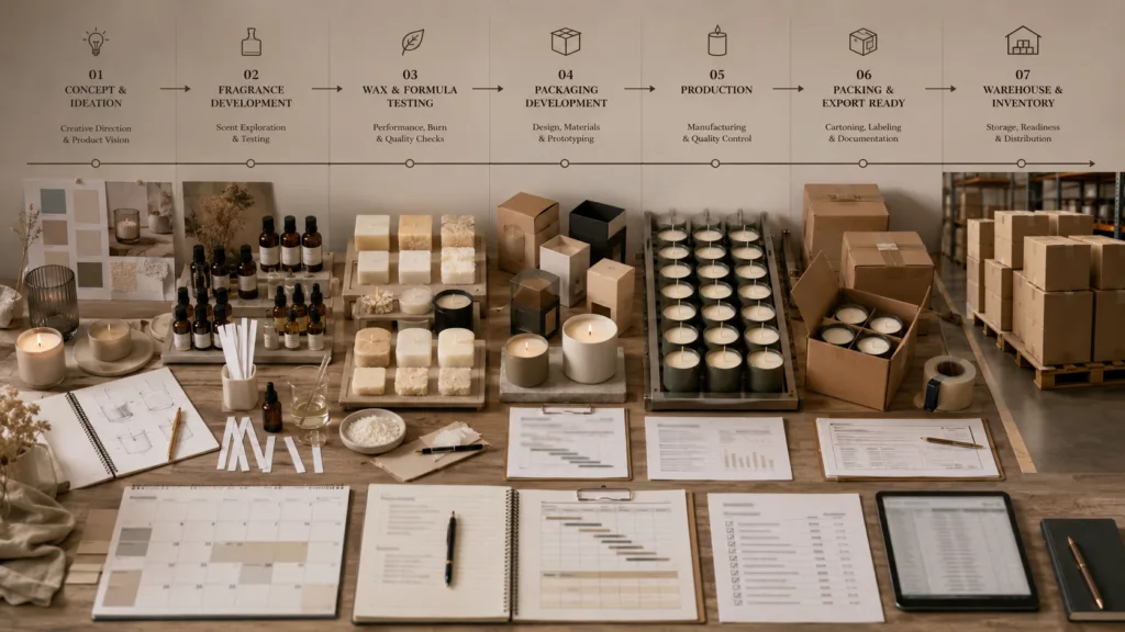 Candle Day from a Manufacturer’s Perspective: How Brands Prepare for Peak Season 2 Candle peak season production timeline showing samples, fragrance testing, packaging prototypes, bulk production, and export cartons.