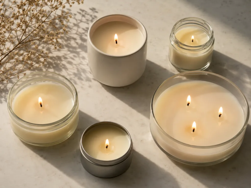 How Serious Candle Brands Choose Wax for Strong Scent Throw 6 Different candle vessel sizes and materials showing how container design affects scent throw and burn performance