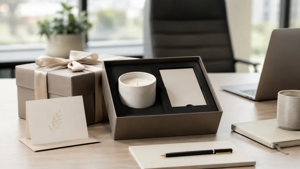 Designing the Perfect Candle Gift Set for Any Occasion 3 Premium corporate candle gift set in elegant packaging displayed in a modern office setting for client and employee gifting