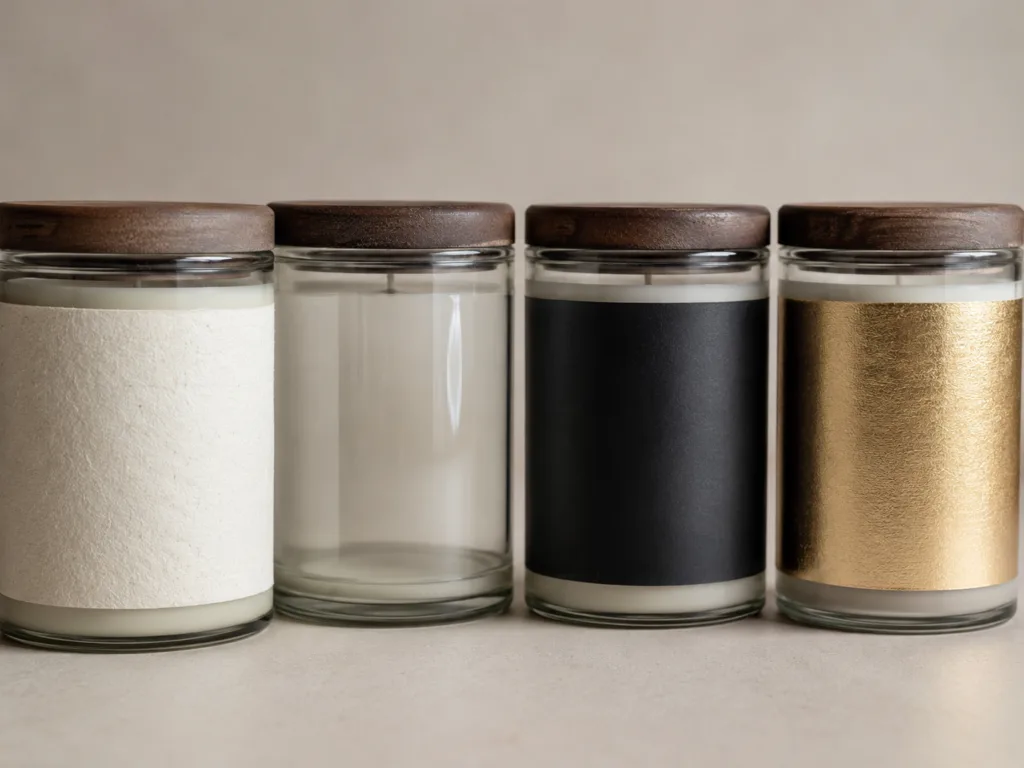 Branding by Design: The Impact of Custom Candle Label 3 Different custom candle label materials including matte paper, transparent label, textured paper and foil label on candle jars.