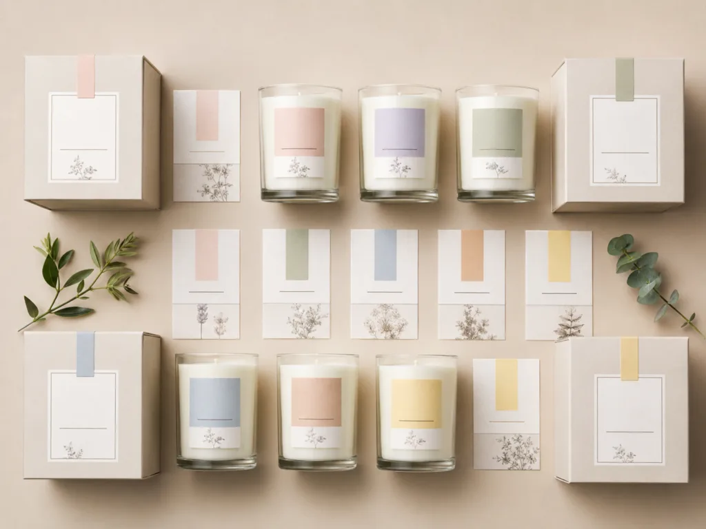 Branding by Design: The Impact of Custom Candle Label 2 A cohesive custom candle label system across multiple scents showing consistent branding, color coding and product line design.