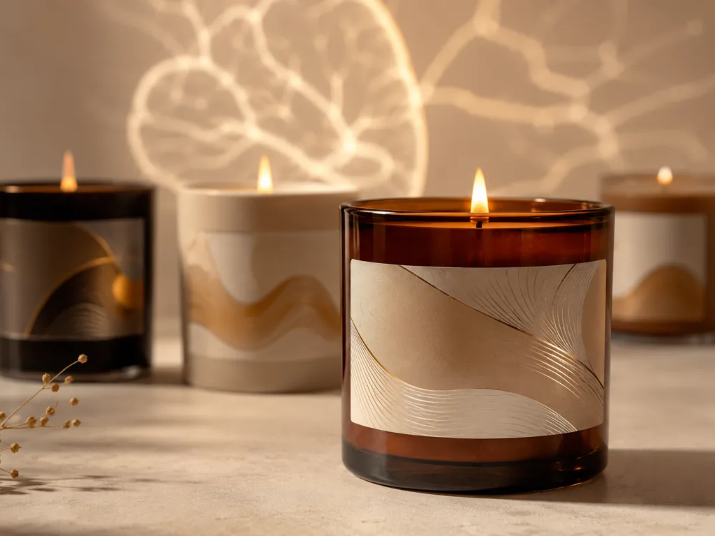 Custom candle labels on premium candle jars showing how visual design influences buyer perception before scent experience.