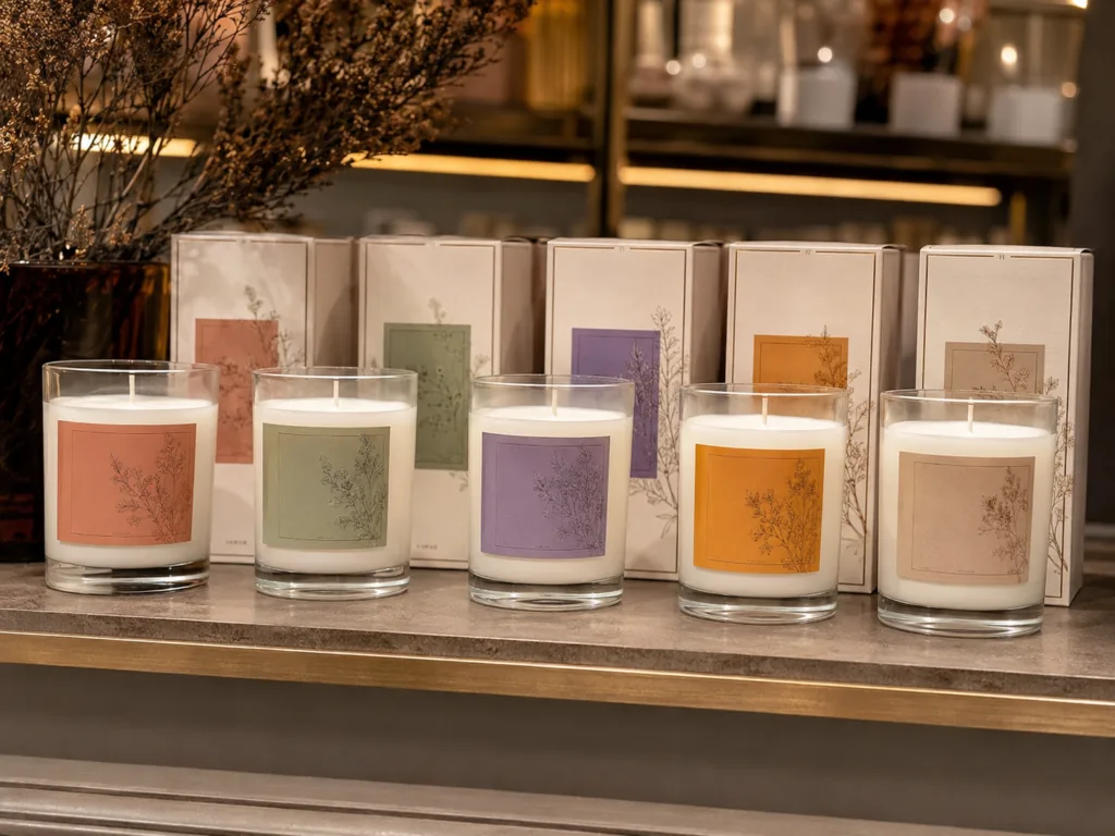 Branding by Design: The Impact of Custom Candle Label 5 Custom candle labels displayed on a boutique retail shelf showing how label design improves shelf appeal and brand recognition.