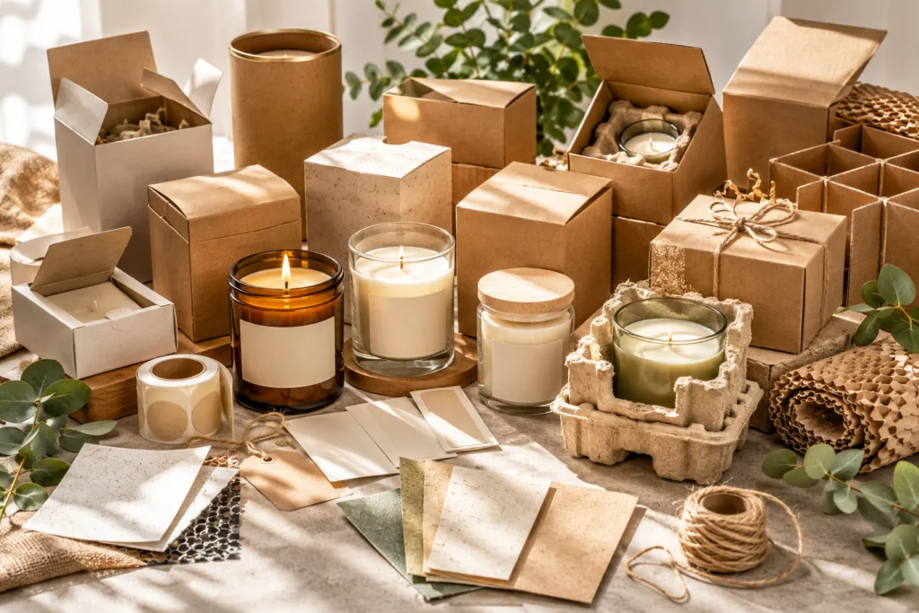 Sustainable Candles: A Complete Sourcing Guide for Eco-Conscious Brands 4 Eco-friendly candle packaging options with kraft boxes, paper tubes, molded pulp inserts, recycled paper cartons, and reusable glass jars
