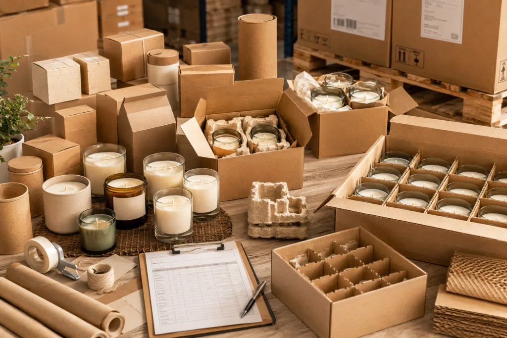 Sustainable Candles: A Complete Sourcing Guide for Eco-Conscious Brands 6 Export-ready sustainable candle line with glass jar candles, kraft packaging, protective paper inserts, and bulk shipping cartons