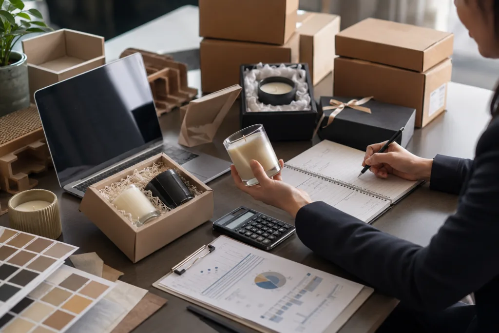 Designing the Perfect Candle Gift Set for Any Occasion 6 Buyer reviewing candle gift set samples, packaging, and logistics planning materials before placing a seasonal bulk order