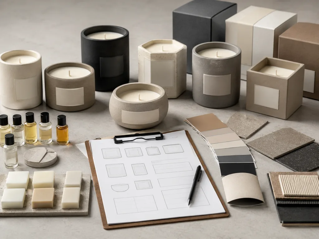 Why Concrete Jar Candles Are Becoming Popular in Modern Home Fragrance 3 Private label concrete jar candle development table with vessel colors, fragrance samples, labels and packaging options.