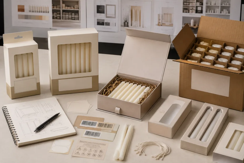 Private Label Sabbath Candles: Wax, Size, Color and Packaging Options 5 Private label Sabbath candle packaging options including retail boxes, family packs, gift boxes, and export cartons.