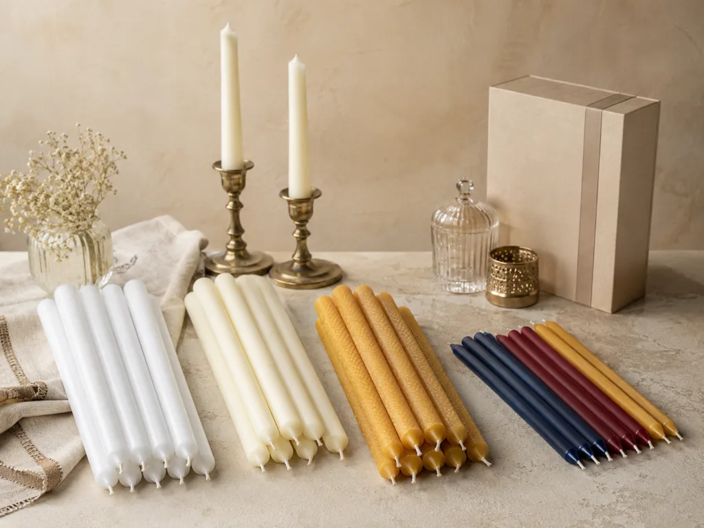 Private Label Sabbath Candles: Wax, Size, Color and Packaging Options 4 Sabbath candle color options for Judaica retailers including white, ivory, natural beeswax, and decorative colored tapers.