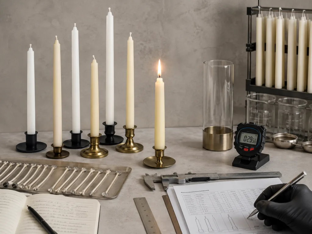 Private Label Sabbath Candles: Wax, Size, Color and Packaging Options 3 Sabbath candle size and burn time testing with taper candles, candlestick holders, ruler, and quality control tools.