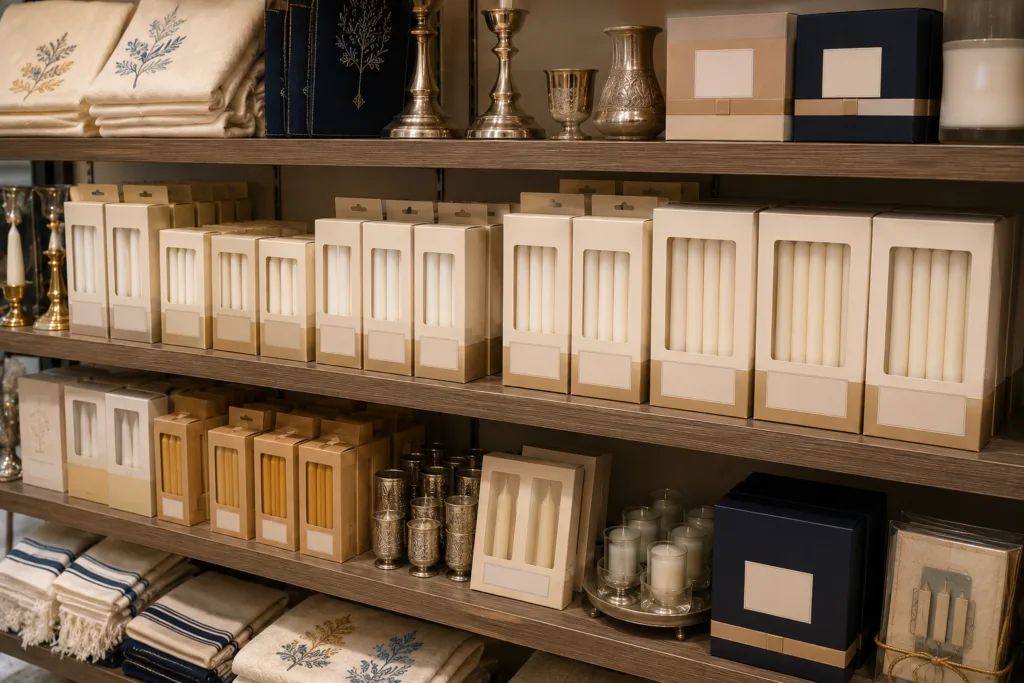 Private Label Sabbath Candles: Wax, Size, Color and Packaging Options 6 Private label Sabbath candles displayed on a Judaica store shelf with candle holders, challah covers, and gift packaging.