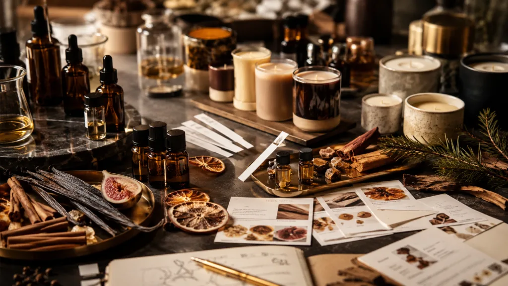 Candle Day from a Manufacturer’s Perspective: How Brands Prepare for Peak Season 4 Seasonal candle fragrance development table with scent bottles, wax samples, botanicals, and testing strips for Candle Day planning.