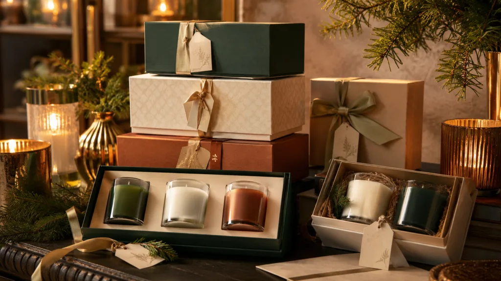 Designing the Perfect Candle Gift Set for Any Occasion 2 Seasonal candle gift sets displayed in a boutique retail setting to show holiday merchandising and bundled gift-ready products