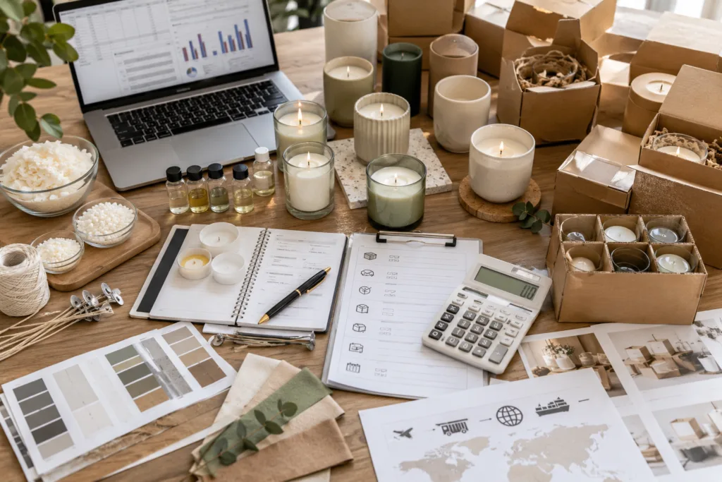 Sustainable Candles: A Complete Sourcing Guide for Eco-Conscious Brands 5 B2B sustainable candle sourcing desk with candle samples, packaging options, quotation sheets, calculator, and supplier evaluation checklist