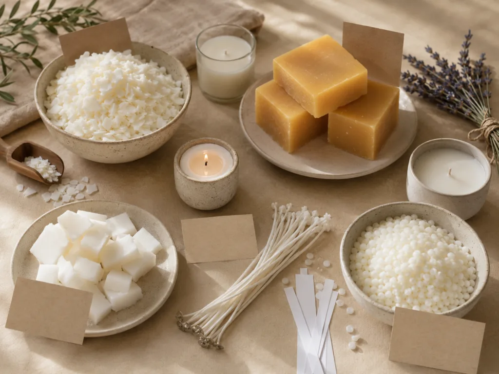 Sustainable Candles: A Complete Sourcing Guide for Eco-Conscious Brands 2 Comparison of sustainable candle wax options including soy wax, beeswax, coconut wax blend, and plant-based wax samples